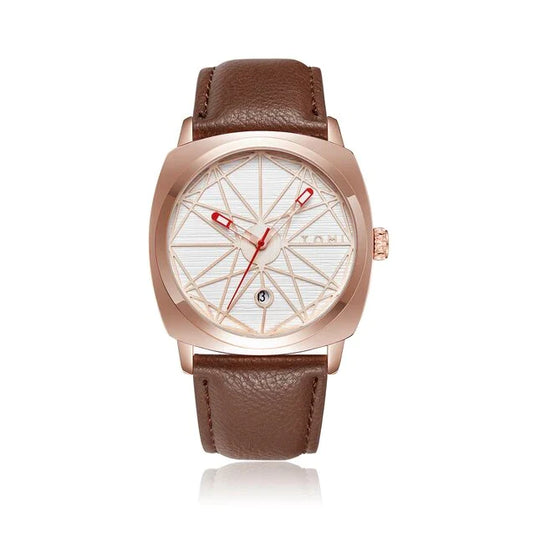 f TOMI T-112 Men's Watch Date Quartz Square Dial Leather Straps Brown-RoseGold