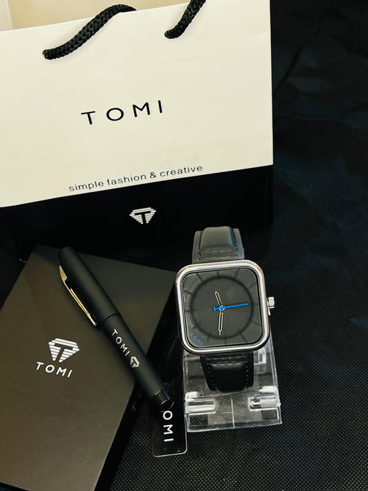 Tomi T-093 Black Silver Square with Pen Gift Set