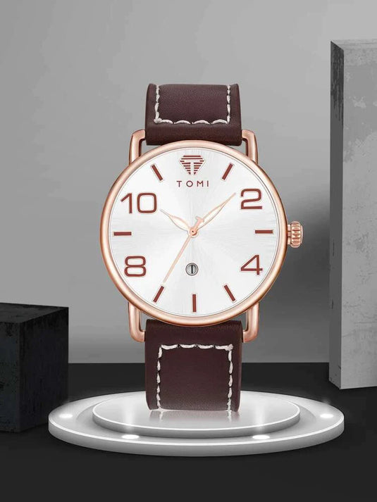 TOMI T-035 Men Wrist Watch Quartz Date Round Dial Golden-Brown