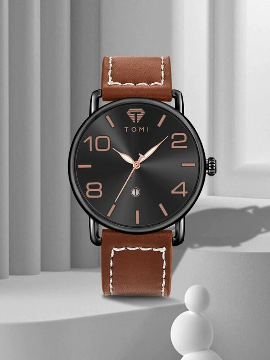 TOMI T-035 Men Wrist Watch Quartz Date Round Dial Black-Brown