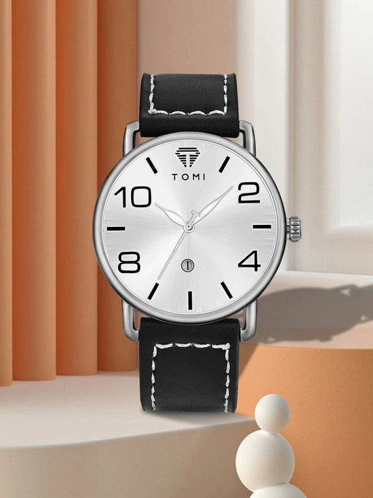 TOMI T-035 Men Wrist Watch Quartz Date Round Dial Silver-Black