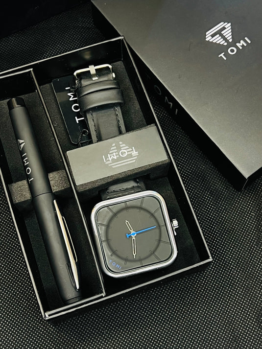 Tomi T-093 Black Silver Square with Pen Gift Set