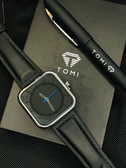 Tomi T-093 Black Silver Square with Pen Gift Set