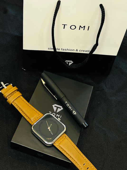 Tomi T-093 Brown Silver Square with Pen Gift Set