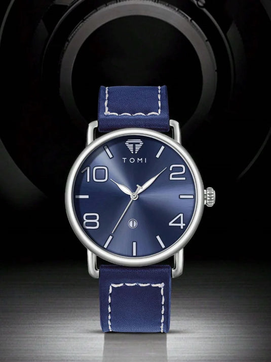 TOMI T-035 Men Wrist Watch Quartz Date Round Dial Silver-Blue